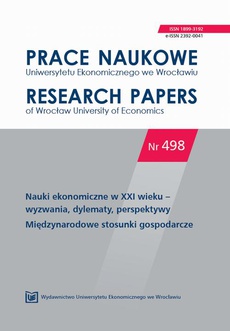 The cover of the book titled: Prace Naukowe Uniwersytetu Ekonomicznego we Wrocławiu nr 498. Nauki ekonomiczne w XXI - wyzwania, dylematy, perspektywy. Międzynarodowe stosunki gospodarcze