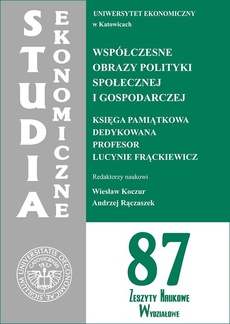 The cover of the book titled: Współczesne obrazy polityki społecznej i gospodarczej. Księga pamiątkowa dedykowana Profesor Lucynie Frąckiewicz. SE 87