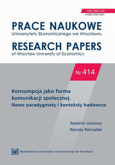 The cover of the book titled: Prace Naukowe Uniwersytetu Ekonomicznego we Wrocławiu nr 414. Konsumpcja jako forma komunikacji społecznej. Nowe paradygmaty i konteksty badawcze
