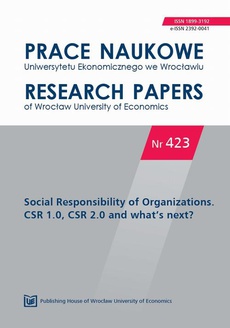 The cover of the book titled: Prace Naukowe Uniwersytetu Ekonomicznego we Wrocławiu nr 423. Social Responsibility of Organizations. CSR 1.0, CSR 2.0 and what’s next?