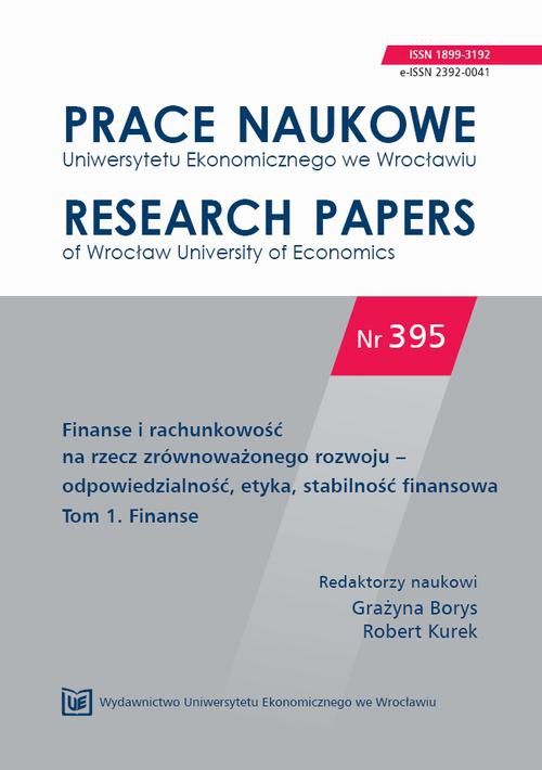 The cover of the book titled: Finanse i rachunkowość na rzecz zrównoważonego rozwoju – odpowiedzialność, etyka, stabilność finansowa  Tom 1. Finanse. PN 395