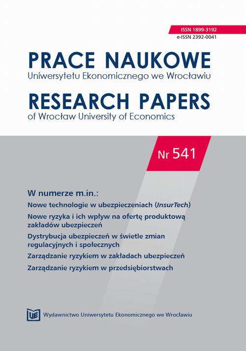 Okładka książki o tytule: Prace Naukowe Uniwersytetu Ekonomicznego we Wrocławiu nr 541. Nowe technologie w ubezpieczeniach