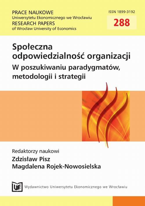 The cover of the book titled: Społeczna odpowiedzialność organizacji. W poszukiwaniu paradygmatów, metodologii i strategii. PN 288