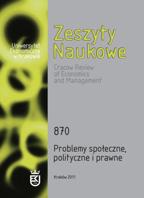Обложка книги под заглавием:Zeszyty Naukowe Uniwersytetu Ekonomicznego w Krakowie, nr 870. Problemy społeczne, polityczne i prawne