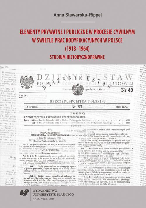 Обложка книги под заглавием:Elementy prywatne i publiczne w procesie cywilnym w świetle prac kodyfikacyjnych w Polsce (1918–1964)