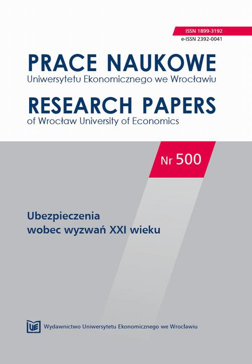 The cover of the book titled: Prace Naukowe Uniwersytetu Ekonomicznego we Wrocławiu nr 500. Ubezpieczenia wobec wyzwań XXI wieku