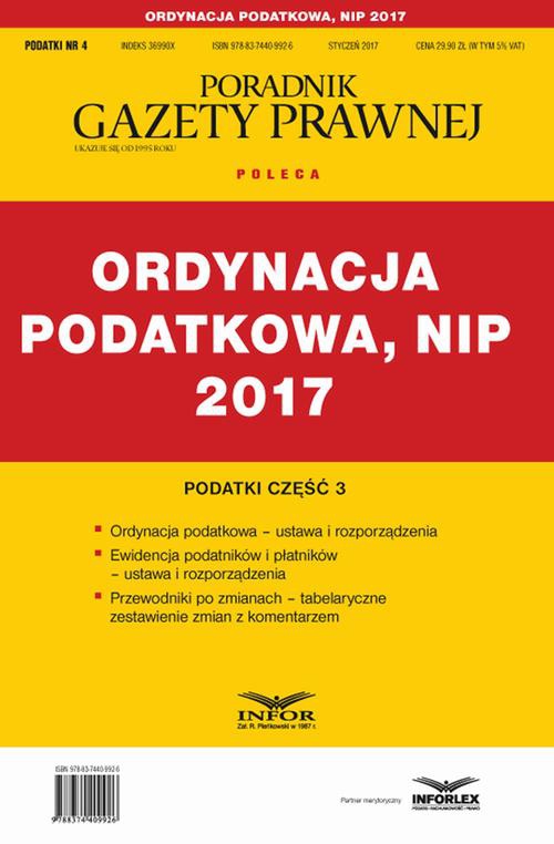Okładka książki o tytule: Ordynacja podatkowa, NIP 2017