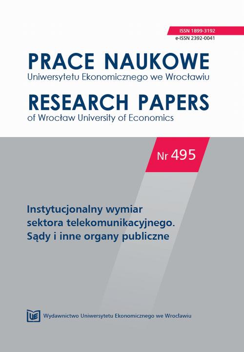 The cover of the book titled: Prace Naukowe Uniwersytetu Ekonomicznego we Wrocławiu nr 495. Instytucjonalny wymiar sektora telekomunikacyjnego. Sądy i inne organy publiczne