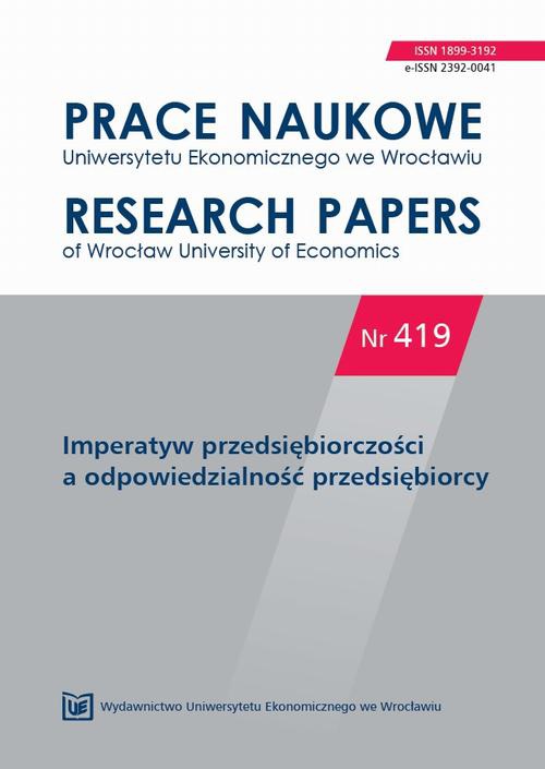 The cover of the book titled: Prace Naukowe Uniwersytetu Ekonomicznego we Wrocławiu nr 419. Imperatyw przedsiębiorczości a odpowiedzialność przedsiębiorcy